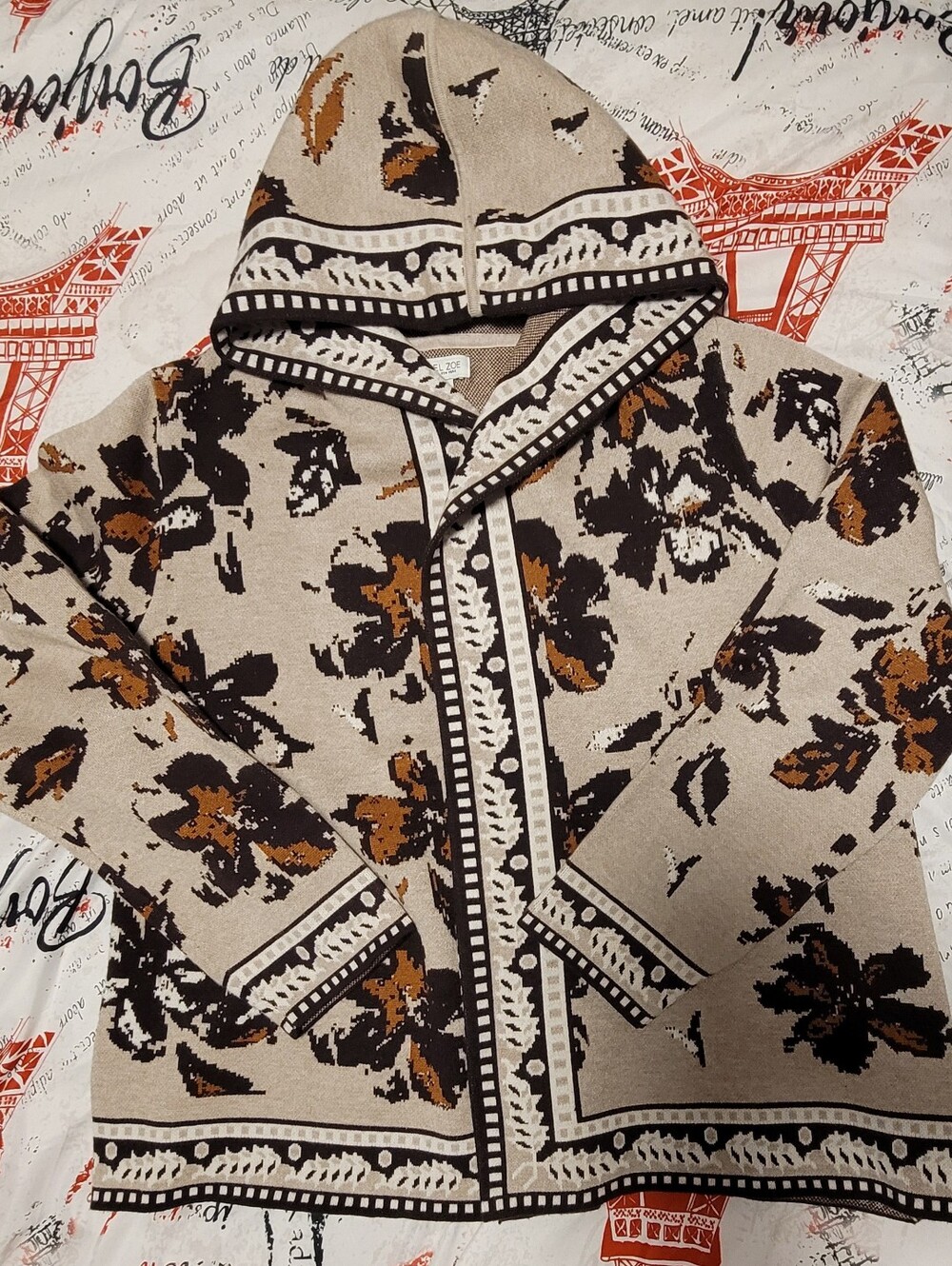 Rachel Zoe Floral Hooded Cardigan Sweater Size XL